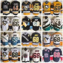 Pittsburgh Gerileme Penguins Retro Hokey 68 Jaromir Jagr Jersey Vintage Classic CCM Siyah Beyaz Mavi Sarı Takım Renk Nakış SPOR 4388