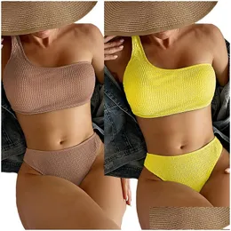 Mulheres Swimwear Novo Designer Bikini Set Swimsuit Pure Color Snake Pano Com Um Shoder E Cintura Alta Biquinis Y Swimwear Mulheres Skim Dhi16