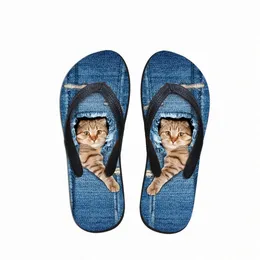 Kundenspezifische nette Haustier-Denim-Katze druckte Frauen-Hausschuhe Sommer-Strand-Gummi-Flip-Flops Mode-Mädchen-Cowboy-blaue Sandalen-Schuhe