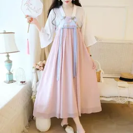 Vestidos casuais chinês melhorado hanfu vestido verão feminino bordado estilo antigo traje fada cintura alta chiffon vestidos longos