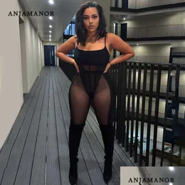 Damen-Trainingsanzüge Anjamanor Y Mesh Work 2-teilige Sets Body Leggings Durchsichtige schwarze Club-Outfits für Frauen Großhandelsartikel D85- Dhgqe