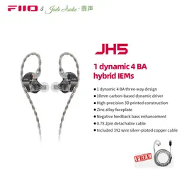 Słuchawki Fiio/Jadeaudio JH5 1DD+4BA Hybrydowe 5 sterowników HiFi Inear Sardhphone, Odłączane 0,78 mm 2 -pinowe kabel 3,5 mm wtyczka na iOS/Android