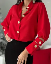 Blusas femininas casuais cor sólida camisa preguiçosa 2024 última moda versátil turn down collar botão recorte design exclusivo manga longa topo