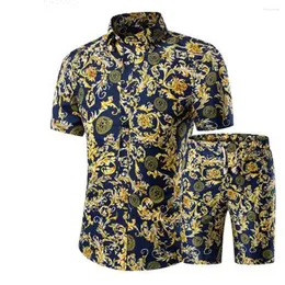 メンズカジュアルシャツ2 PCS/セットメンスーツ印刷スリミングショートスリーブシャツショーツクリアランスセール卸売ドロップ