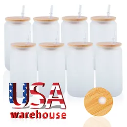 Склад в США, 16 унций, прозрачные кружки из матового стекла, сублимационные стаканы в форме банок с бамбуковой крышкой, местный склад Candaa 0118