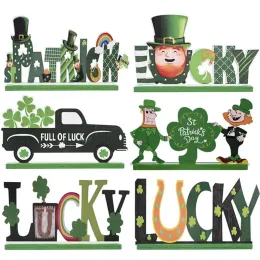 Festive St. Patrick's Day Table Decoration Wooden Leprechaun Shamrock Sign Green Truck Home Dinner Party Ornaments 0119
