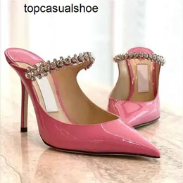JC Jimmynessity Choo Woman Bing Sandal High Heels Slipper 100 Pink Patent Leathers Mules Jewelry Strass Strap Sexy Pointed Original