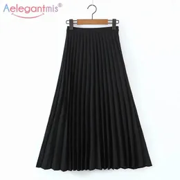 T-Shirt Aelegantmis Fashion High Waist A Line Skirt Casual Loose Pleated Long Skirts Woman Korean Solid Female Ol Skirts Summer 2022 New