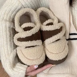 Chinelos femininos de salto plano de pelúcia inverno flip flops cor sólida hookloop sola macia antiderrapante senhoras em casa sapatos hw28