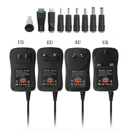 30W Power Supply Adapter USB -laddare 8 Ersättningshuvuden AC till DC Plug Power Adapter 3V 4.5V 5V 6V 7.5V 9V 12V 2A 2.1A Justerbar spänningskonverterare för US/EU/UK/AU