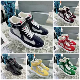 Tênis de grife masculino américa cup sapatos de couro de alta patente tênis planos preto azul malha rendas até sapatos casuais de náilon tênis ao ar livre