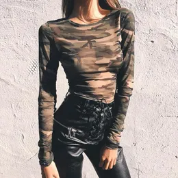 Mulheres camisetas Mulheres Crop Tops Verão Outono Camuflagem Impressão Tees T-shirt Moda Básica Manga Longa O-pescoço Sexy Curto