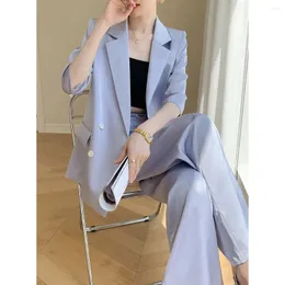 Kvinnors tvåstycksbyxor 2024 Summer Spring Women Solid Color Blazer Suits Loose Long Set Elegant Slim Office Wear Ladies Two-Piece Set M65