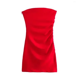 Casual Dresses 2024 Strapless Red Mini Dress Woman Off Shoulder Ruched Bodycon Short For Women Backless Sexy Evening Party