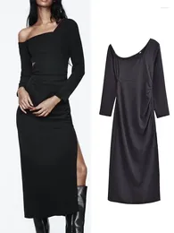 Casual Dresses Women's Sweet Stylish Dress Sexy Slim Asymmetric Collar Off-shoulder Plead Long Sleeve Chic Cut Out