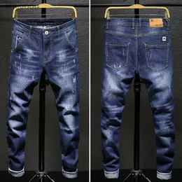 Calças de brim masculinas estiramento fino ajuste jeans azul escuro jeans magros para homens casual retro calças jeans estilo coreano streetwear masculino marca calçasl240119