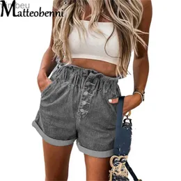 Pantalones cortos de mujer 2021 verano Sexy cintura alta pantalones cortos de mezclilla mujeres Casual suelta señoras moda abotonado dobladillo enrollable elástico gris Jean Shorts FemaleL240119