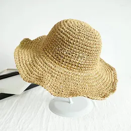Boinas Mujeres Playa Sombrilla Sombreros de sol de ala grande Sombrero de cubo Sombrero de pescador tejido de paja Protector solar Verano al aire libre