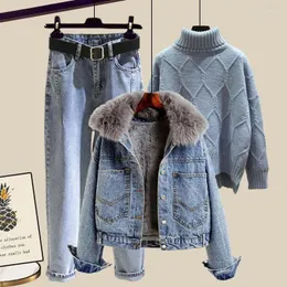 Women's Two Piece Pants Woman Style Denim Suit Fashion Outfit Female Jacket And Turtleneck Sweater Jeans Three-Piece Set Outfits G553