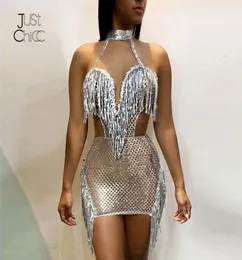 Justchicc Vestito da partito con paillettes Donna Halter Clubwear Mini nappa Abiti sexy Autunno Backless Night Club Vestito aderente Vestidos9986363