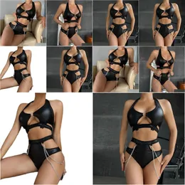 Bras Sets Womens Fun Underwear Pu Leather Chain Split Pregnancy Pajama Set Christmas Lingerie For Women With Push Up Drop Delivery Dhvpa