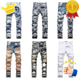 Calças de brim verão designer estiramento masculino sweatpants magro roxo casual estrelas padrão oversized rasgado calças moda streetwear