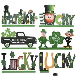 Inne świąteczne zapasy imprezy St. Patricks Day Decoration Decoration Wooden Leprechaun Shamrock Znak Zielona ciężarówka Home Dinner Ornaments 0 Dhwgy