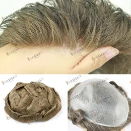 超薄い肌0.04mm vlooped耐久性のある男性Toupeeナチュラルヘアライン100％処女人間の髪のかつらの置換灰茶色の髪