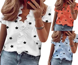 Women039S Blouses Shirts Summer Ruffle Stars Letter Print Tops and Blouse for Women Elegant Leisure Top 2021 Sexy V Neck Shor5282722