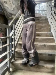 Calças femininas cinza lavado angustiado stick-on cristais artesanato casual esportes versátil lado listrado calças de cintura baixa pista moletom