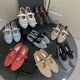 TOP Designer ALAI Shoes Women Ballet Flats Hollowed Out Mesh Sandal Round Head Rhinestone Rivet Buckle Mary Genuine Leather Jane Shoes Loafers 75