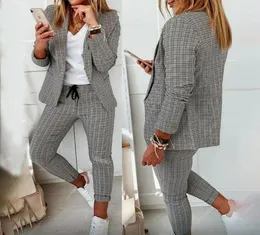 Women039s Zweiteilige Hosen Herbst Frauen Casual Arbeitskleidung Mode Anzug Sets Langarm Plaid Print Blazer Mantel Kordelzug Set4303152