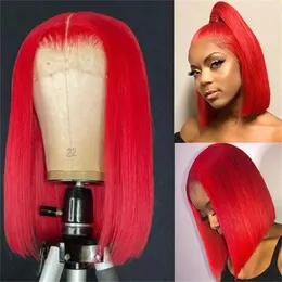 13x1 laço vermelho curto bob peruca de cabelo humano em linha reta curto bob perucas de renda para preto feminino cabelo humano brasileiro peruca de apuramento do cabelo do bebê