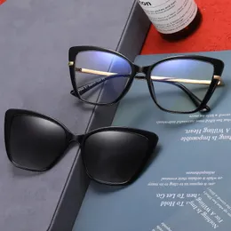 Magnetklipp på polariserad Sungasse 2 i 1 Fashion Cat Eye Anti Blue Light Optical Glasses Frame Female Sunshades UV400 240118