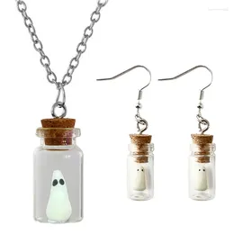 Halsbandörhängen Set Ghost in Bottle Pendant Glow the Dark Dangle Luminous Halloween Jewelry for Women and Girl