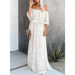 Women's Blouses Shirts White Bohemian Maxi Dresses Off Shoulder Batwing sleeve Floral Lace Wedding Bridesmaid Cocktail Party Evening Dress YQ240120