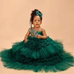 Vert foncé 1er robes de fête d'anniversaire robes de fille de fleur col transparent à plusieurs niveaux en tulle Rehinestones robe de demoiselle d'honneur robes de princesse reine pour les petits enfants NF025