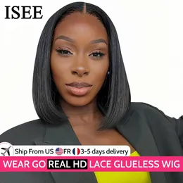 يرتدي الشعر ISEE و GO GO GLUELL HEARD HISTER BOB HD LACE Straight Short Bob 6x4 Lace Prontal Prected Human Compled Wigs جاهزة للذهاب 240118