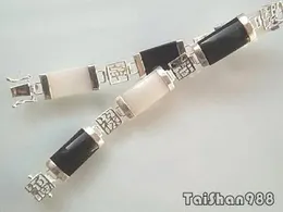 Bangles Black Agate White Jade 18KWGP Fortune Longevity happiness Luck Link Bracelet AAA style Fine jewe Noble 100% Natural jade 5.26