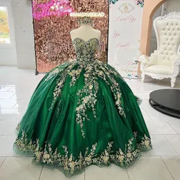 Luxury Emerald Green Quinceanera klänningar med guldspetsapplikationer Kristaller Tär med 16 fest födelsedagsklänning för flickor älskling prinsessa vestidos