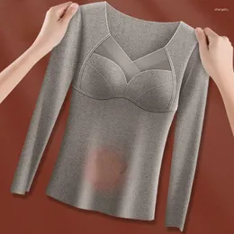 Kvinnors tankar 2024 Autumn Winter Thermal Top 2 Pieces Set Inner Layer Base Pock T-shirt långärmad underkläder förtjockad sammet behå