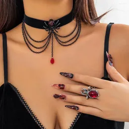 Necklace Earrings Set Gothic Red Crystal Spider Pendant Rings For Women Dark Black Multilayer Tassel Chain Blood Choker Fashion