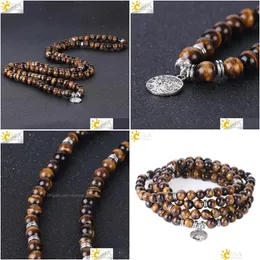 Bangle Bracelets Csja 108 Chakra Natural Gem Stone Tiger Eye Homme Japamala 8Mm Mala Beads Wrapped Men Meditation Jewellery Drop Del Dhw6U