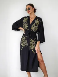 Costumi da bagno da donna Tunica da spiaggia Pareo Vestiti Bikini Cover Up Abiti femminili Estate 2024 Cotone artificiale ricamato Albero di cocco Vacanza