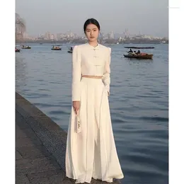 Calças femininas de duas peças unxx est moda 2024 designer terno conjunto mulheres estilo chinês nacional vento bobina fivela blazer plissado solto 2 pcs