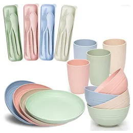 식기 세트 Big Deal Wheat Straw Dinner Set- (28pcs) 가벼운 파손 할 수없는 - 재사용 가능한 접시 컵 그릇과 칼리