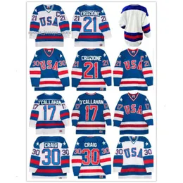 팀 유니폼 30 Jim Craig 21 Mike Eruzione 17 Jack O'Callahan 1980 년 기적 미국 Vintage Hockey Jersey White Blue S-3XL 3192 3779 4637 1874