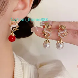 2024 New Year Pearl Chinese Zodiac Dragon Earrings Party Jewelry Glitter Cubic Zirconia CZ Dragon Earrings For Women