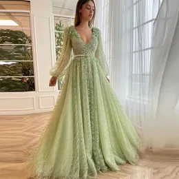 V-ringning Sage Lace Prom Dresses Puff Long Sleeves Applices Pärlad golvlängd En linje Special Tillfälle Klänning för kvinnor 2024 Aftonklänning