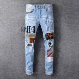 Pantalones vaqueros para hombre, pantalones clásicos de Hip Hop, pantalones vaqueros estilistas desgastados, pantalones de motociclista rasgados, pantalones vaqueros ajustados para motocicleta G7J3